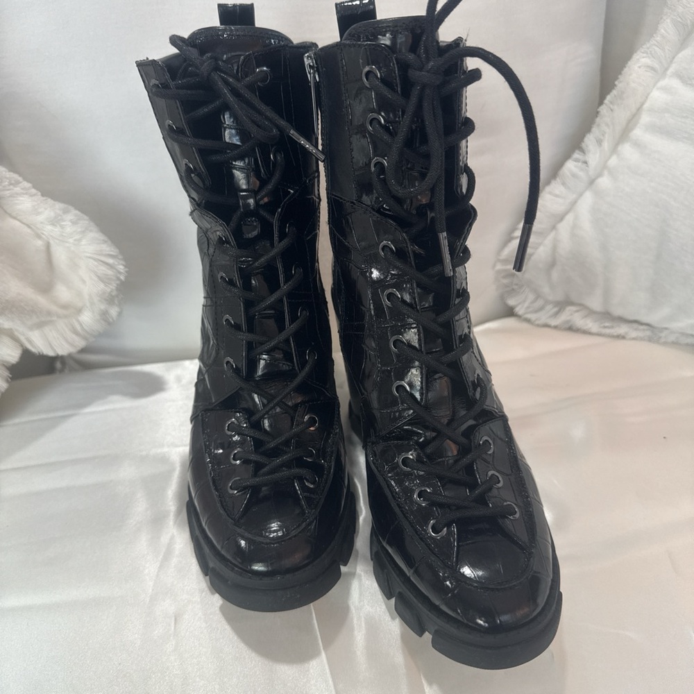 Michael Kors Shiny Black Lace-Up Boots